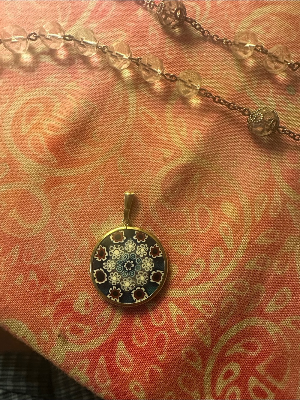 Gold-Tone Floral Mosaic Pendant Necklace - Blue & Cream
